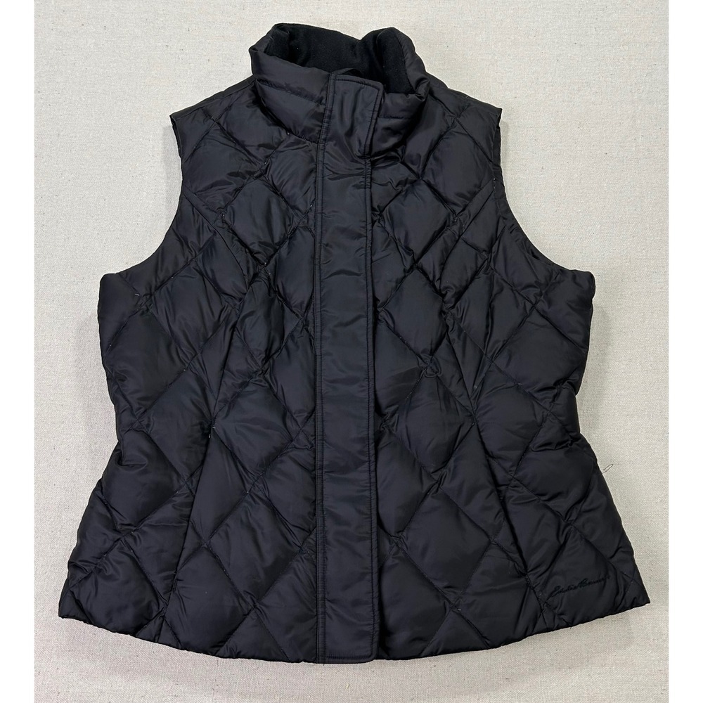 Eddie Bauer Womens XL Black Quilted Goose Down Puffer Vest Full Zip Fleece Neck